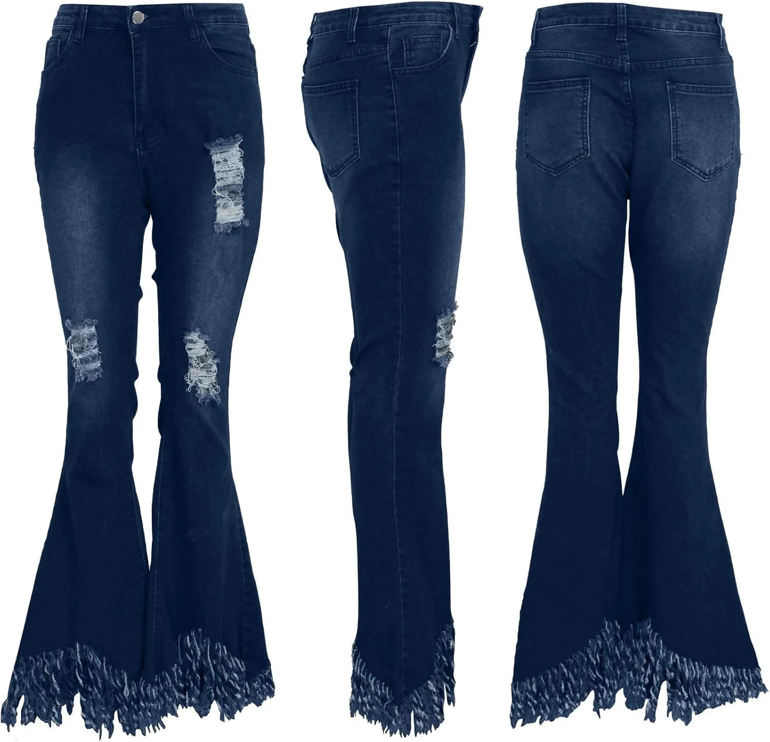 Sexyshine Women's Bell Bottom Jeans High Waisted Classic Retro Ripped Hole Denim Long Wide-Leg Flare Pants