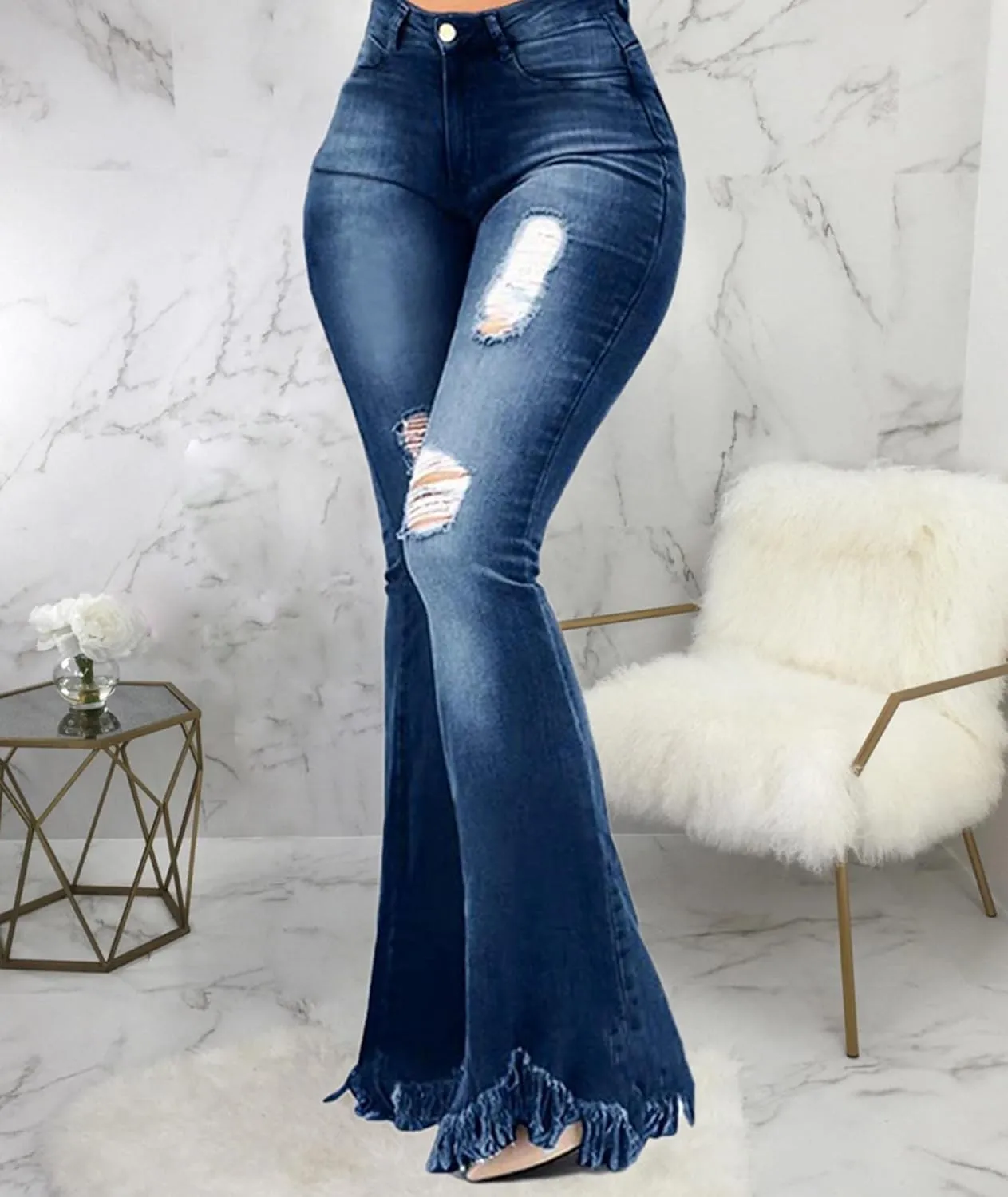Sexyshine Women's Bell Bottom Jeans High Waisted Classic Retro Ripped Hole Denim Long Wide-Leg Flare Pants