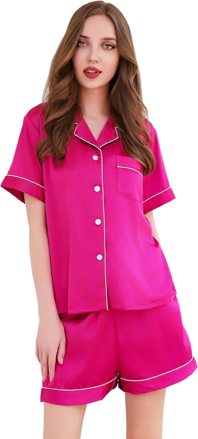 silk pajamas set for women Short Sleeve Sleepwear Button Down Loungewear 2 Piece Pjs Shorts Set S-XXL 6015