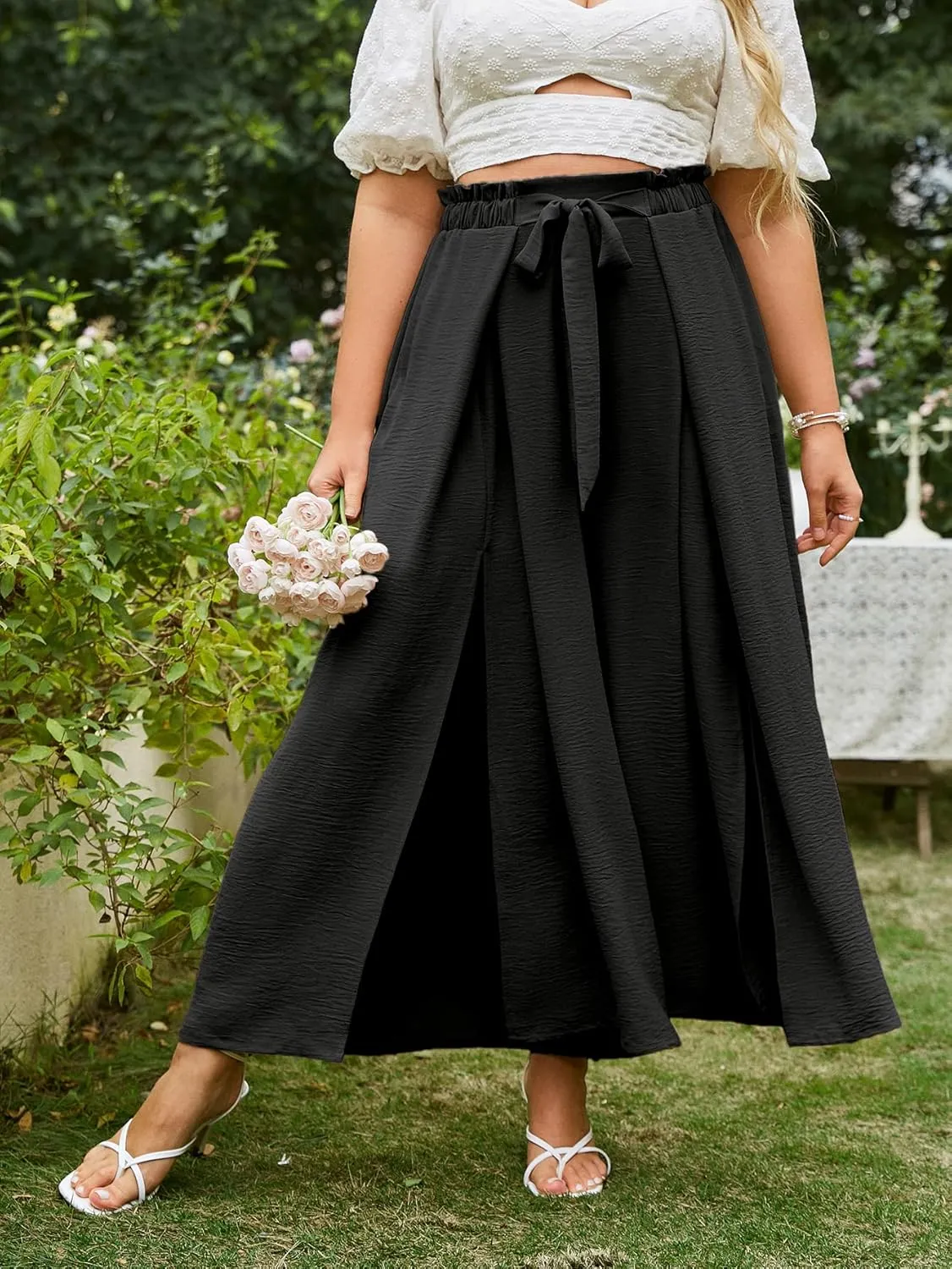 Simplee Women's Casual Split Wide Leg Pants High Waist Palazzo Flowy Beach Pants Summer Boho Lounge Pants with Pockets