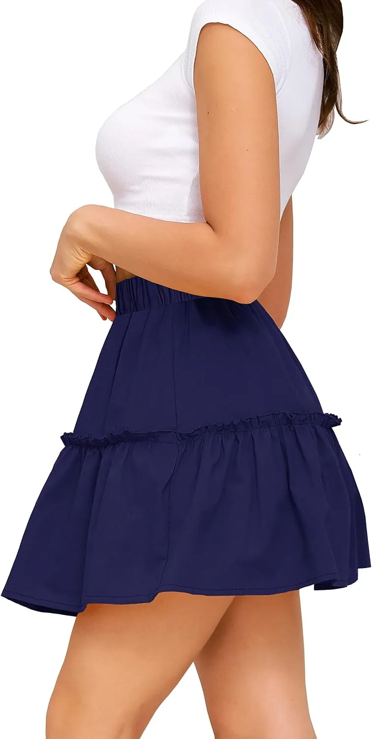Sinono Women's Summer High Waist Ruffle Floral Print Swing A Line Pleated Beach Mini Skirt