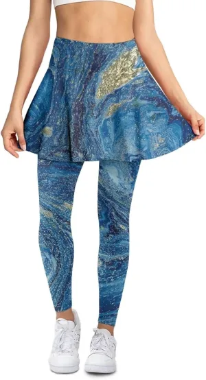 Skirted Leggings for Women with Pockets Ankle Length Tennis Pickleball Pants Ruffle Pleated Skirt Attached Leggings