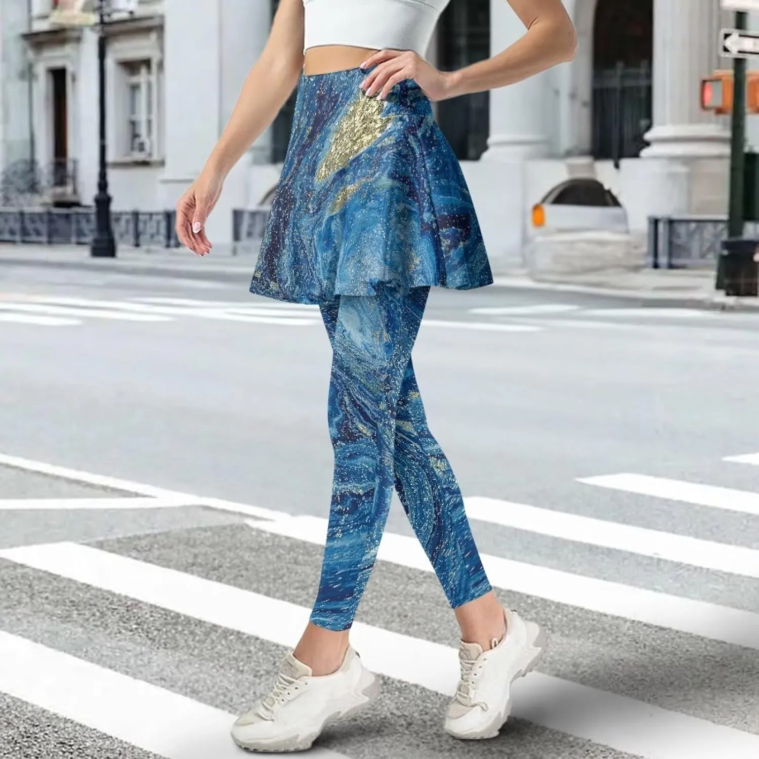 Skirted Leggings for Women with Pockets Ankle Length Tennis Pickleball Pants Ruffle Pleated Skirt Attached Leggings
