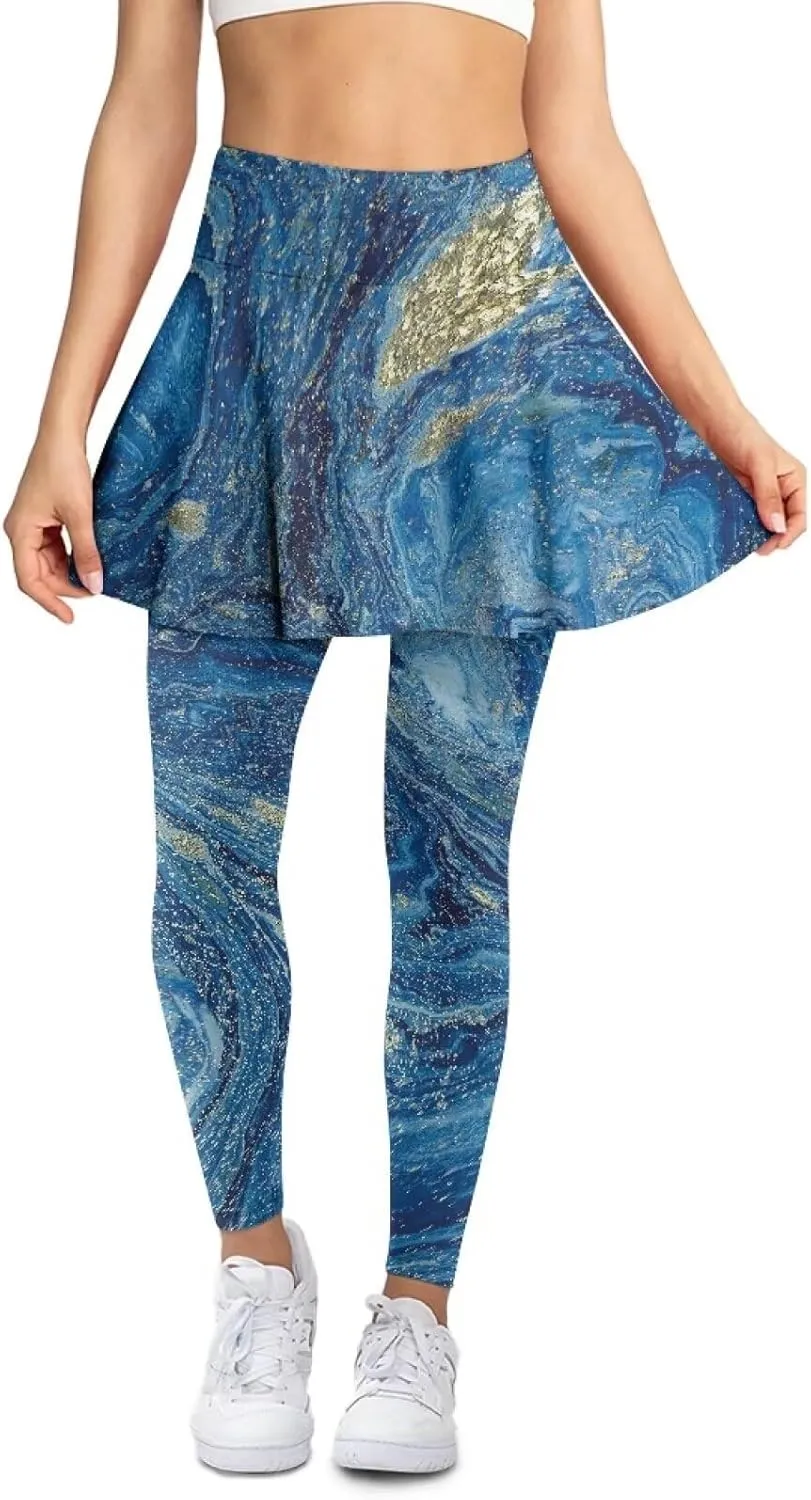 Skirted Leggings for Women with Pockets Ankle Length Tennis Pickleball Pants Ruffle Pleated Skirt Attached Leggings