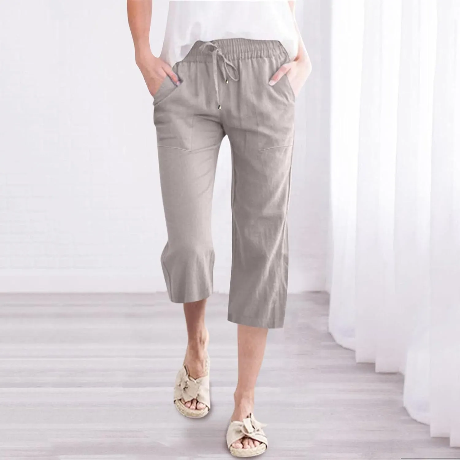 Solid Color Summer Capri for Women Casual Summer with Pockets Golf Pants Capri Lightweight Elastic Waist Capris Crop