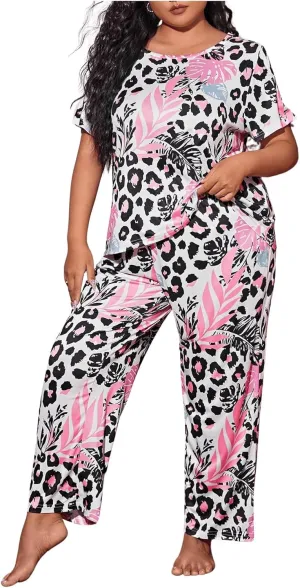 SOLY HUX Pajama Sets for Women 2 Piece Plus Size Leopard Print Sleepwear Short Sleeve Tee and Pants Loungewear