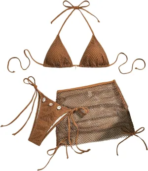 SOLY HUX Women's 3 Piece Swimsuit Fishnet Halter Triangle String Bikini Set Bathing Suit with Cover Up Beach Skirt