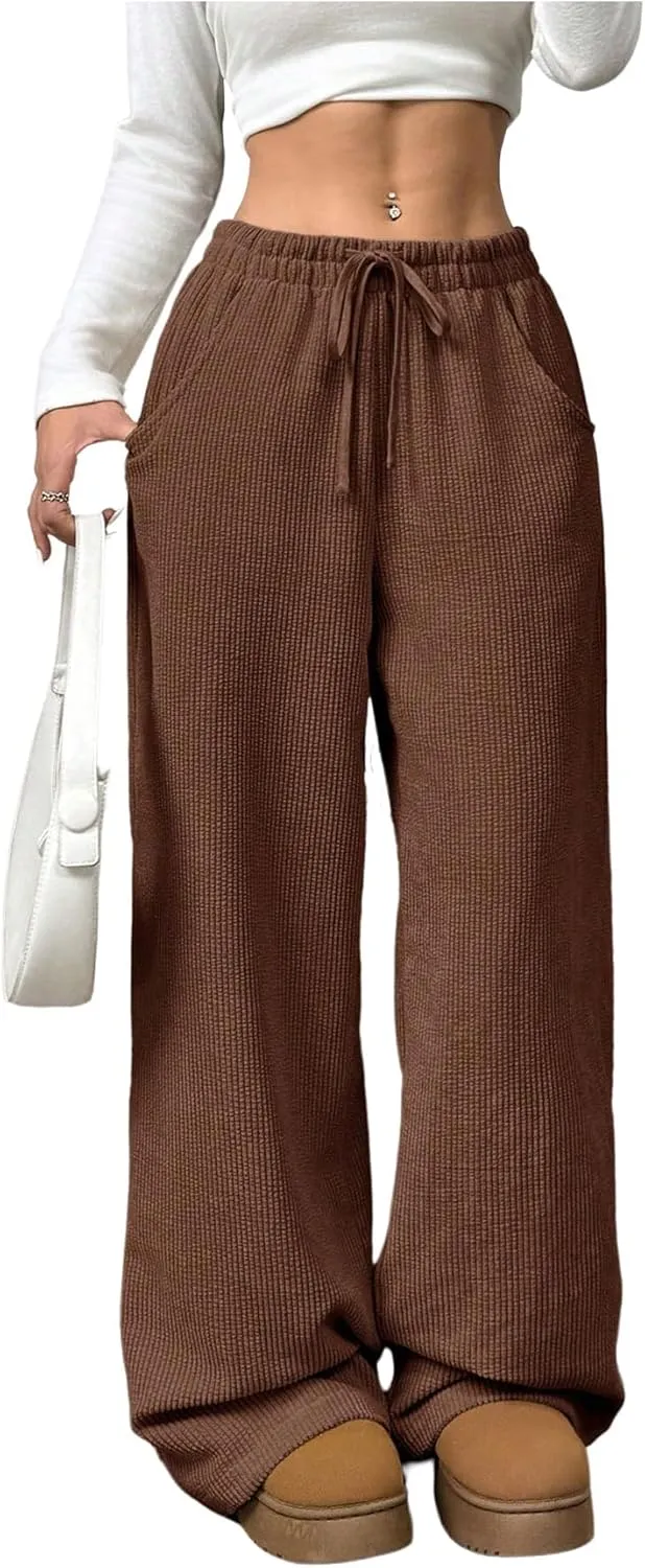 SOLY HUX Women's Drawstring Wide Leg Pants Corduroy Baggy Sweatpants with Pockets