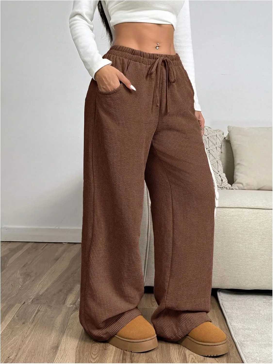 SOLY HUX Women's Drawstring Wide Leg Pants Corduroy Baggy Sweatpants with Pockets