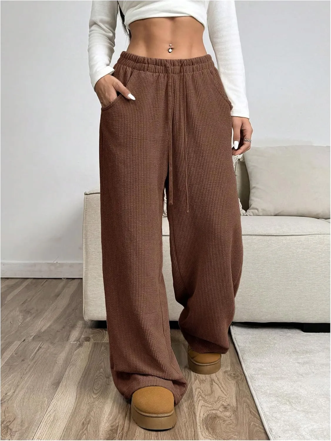 SOLY HUX Women's Drawstring Wide Leg Pants Corduroy Baggy Sweatpants with Pockets