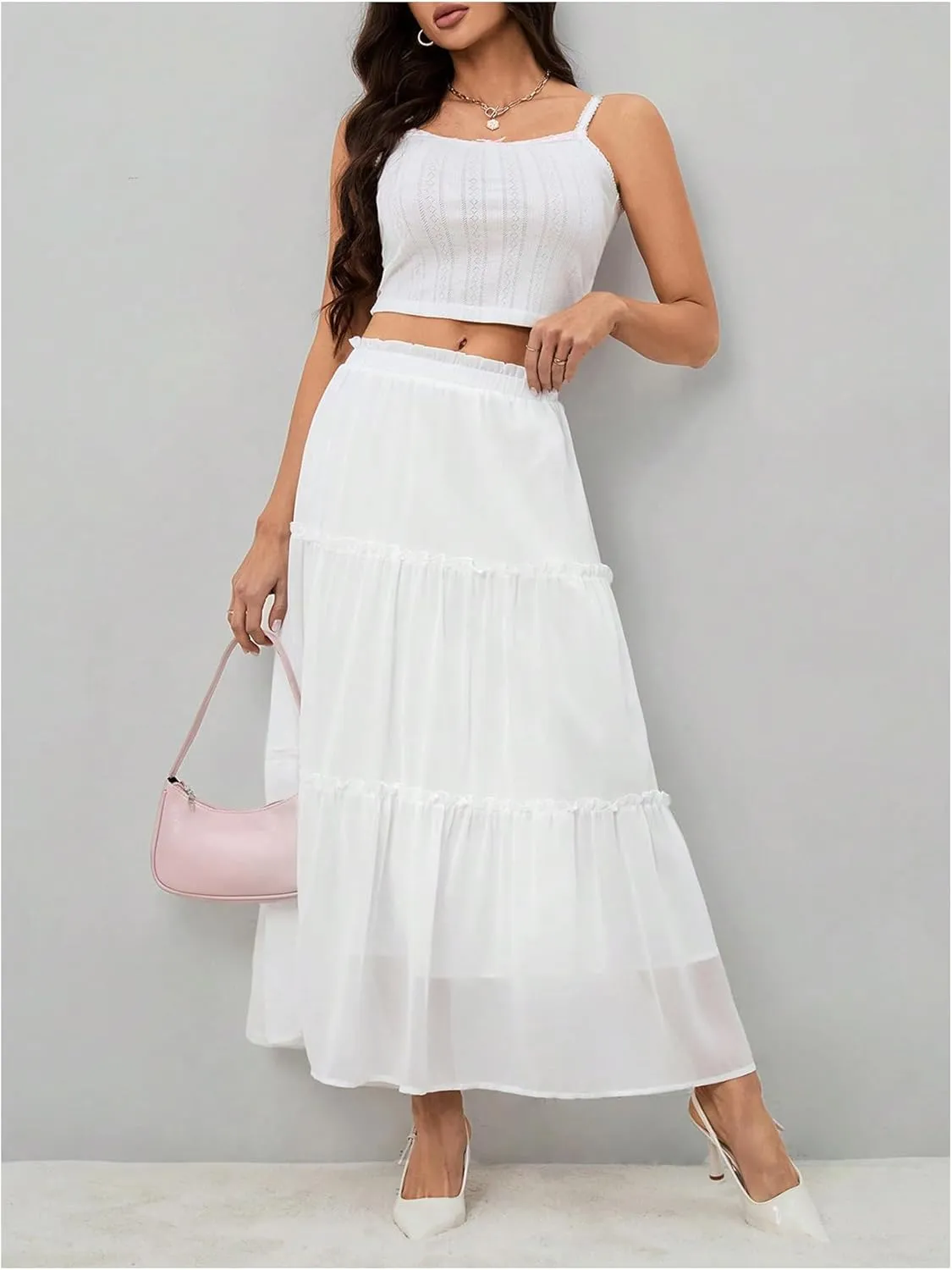 SOLY HUX Women's Frill Ruffle Hem Skirt Elastic Waist Summer Flowy Long Skirts
