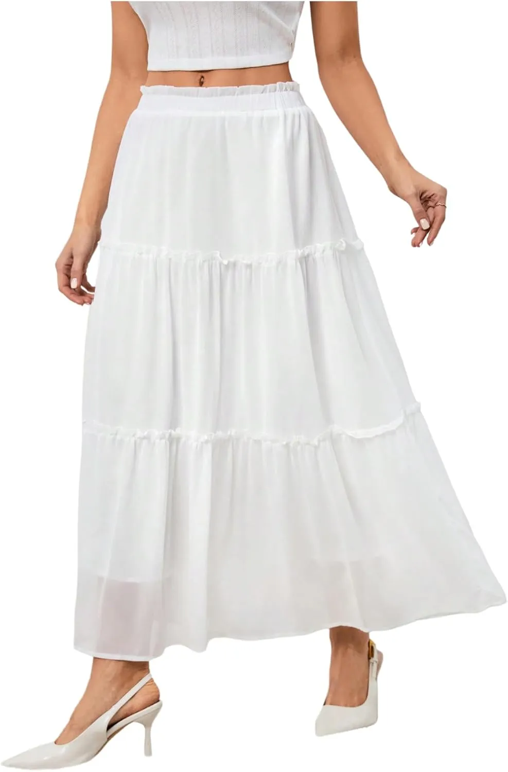 SOLY HUX Women's Frill Ruffle Hem Skirt Elastic Waist Summer Flowy Long Skirts