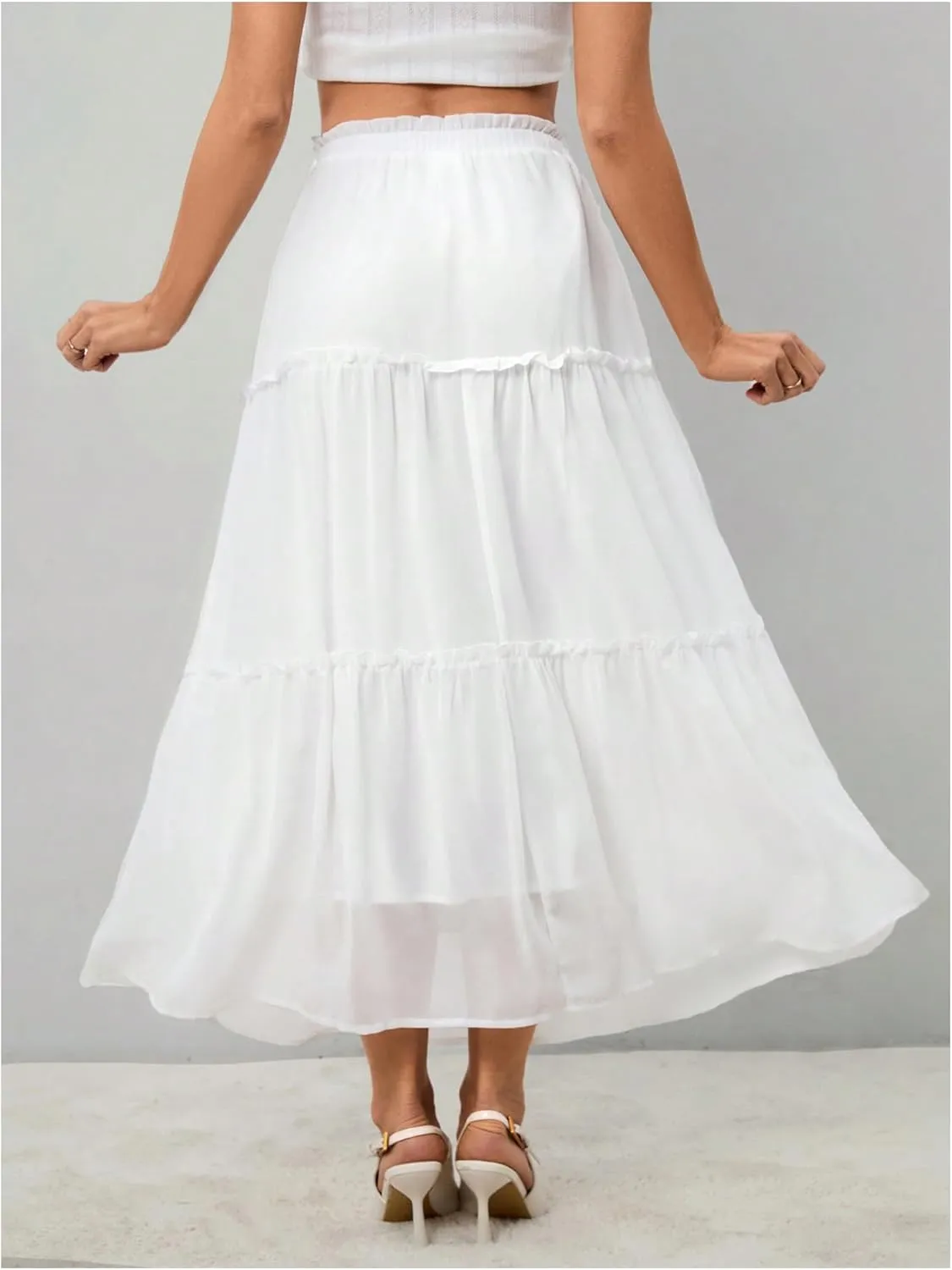 SOLY HUX Women's Frill Ruffle Hem Skirt Elastic Waist Summer Flowy Long Skirts