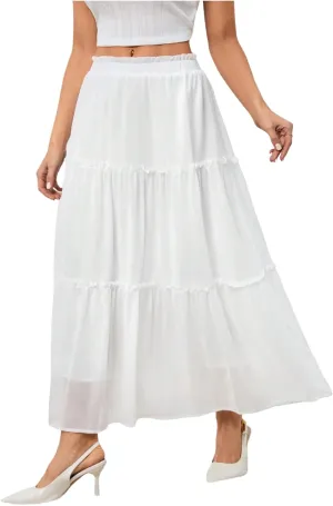 SOLY HUX Women's Frill Ruffle Hem Skirt Elastic Waist Summer Flowy Long Skirts