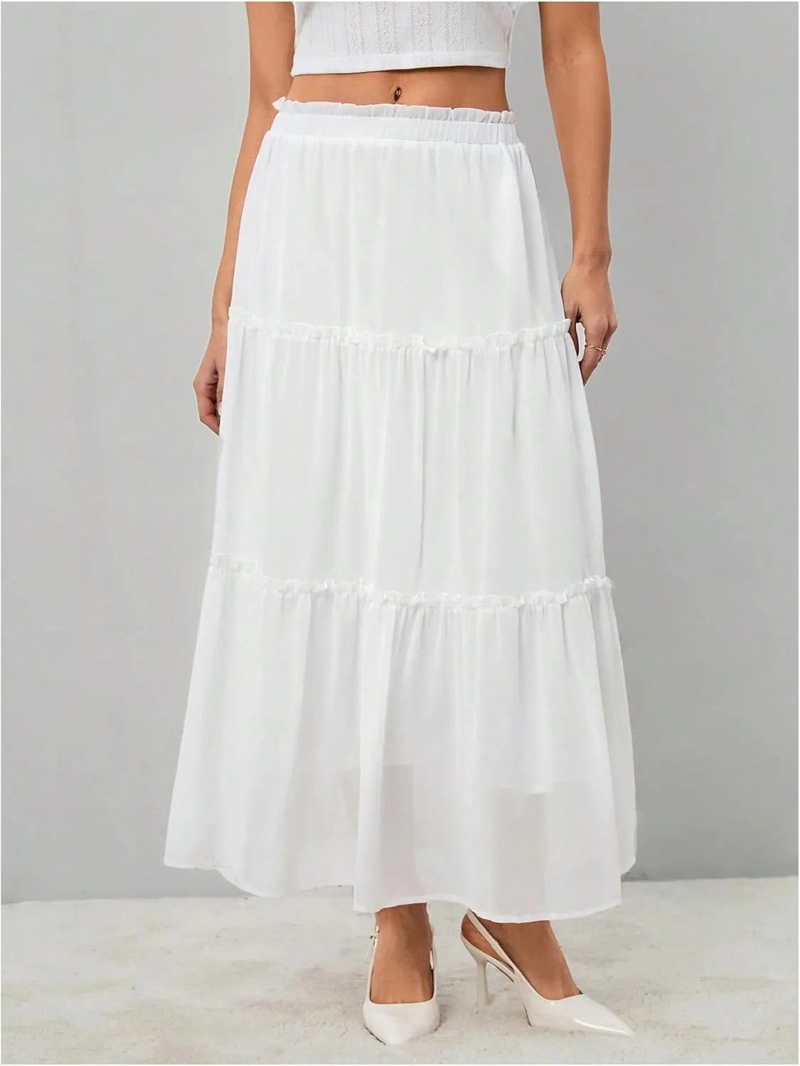 SOLY HUX Women's Frill Ruffle Hem Skirt Elastic Waist Summer Flowy Long Skirts