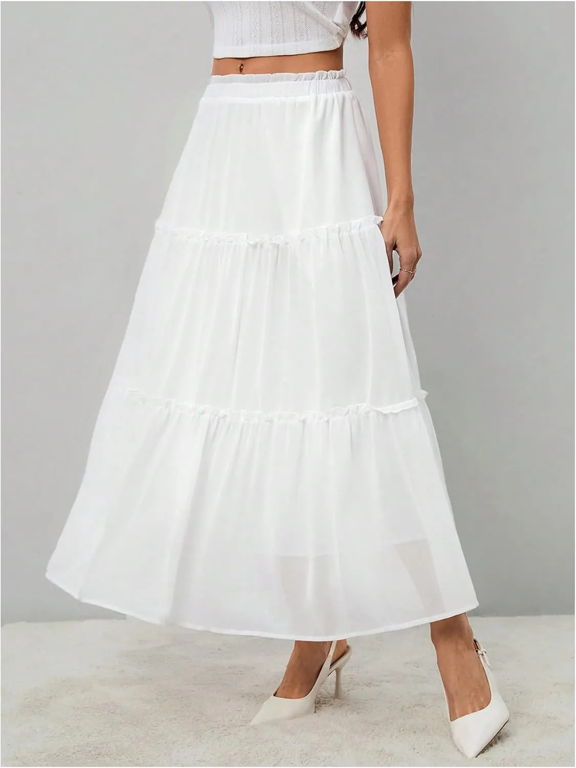 SOLY HUX Women's Frill Ruffle Hem Skirt Elastic Waist Summer Flowy Long Skirts