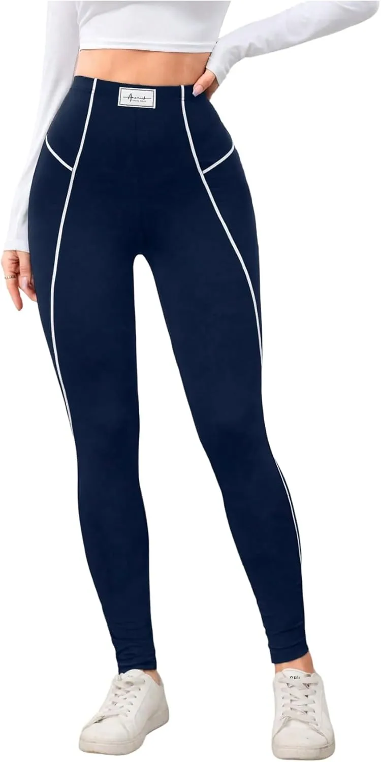 SOLY HUX Women's High Waisted Leggings Contrast Binding Letter Patched Workout Running Yoga Pants