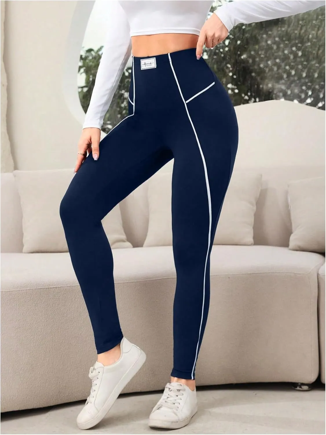SOLY HUX Women's High Waisted Leggings Contrast Binding Letter Patched Workout Running Yoga Pants