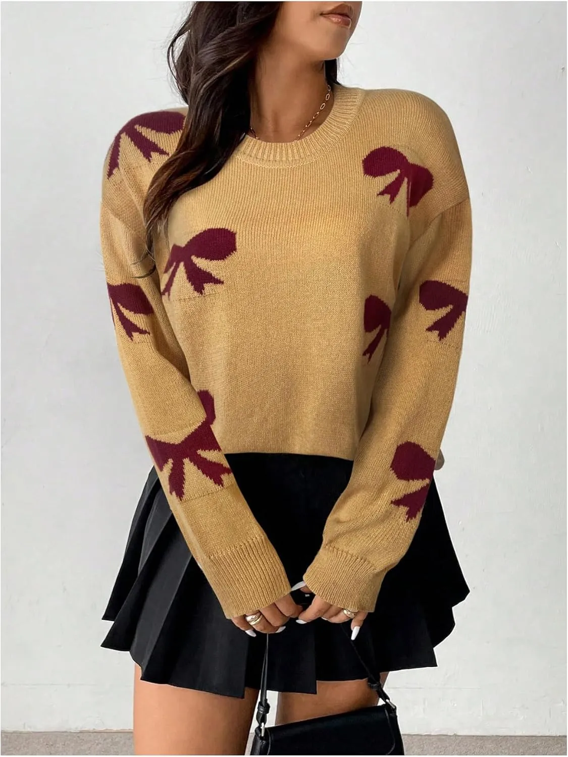 SOLY HUX Women's Plus Size Bow Sweater Y2K Ribbon Sweater with Bows for Women Trendy Knit Pullover Tops Cute Jumpers