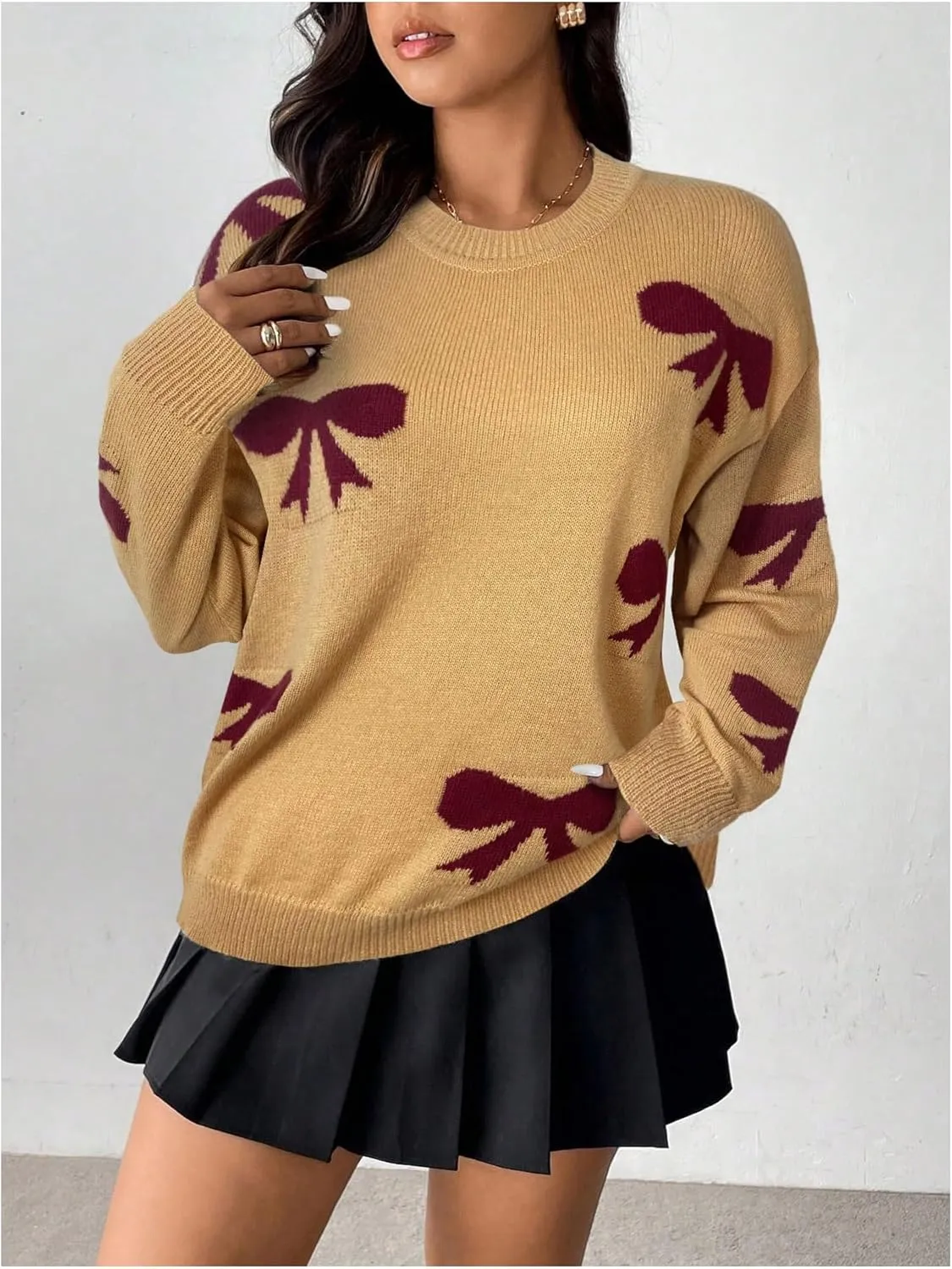 SOLY HUX Women's Plus Size Bow Sweater Y2K Ribbon Sweater with Bows for Women Trendy Knit Pullover Tops Cute Jumpers