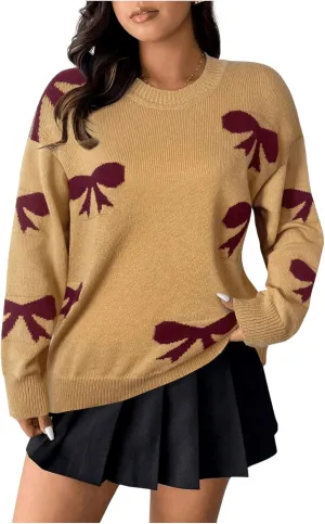 SOLY HUX Women's Plus Size Bow Sweater Y2K Ribbon Sweater with Bows for Women Trendy Knit Pullover Tops Cute Jumpers