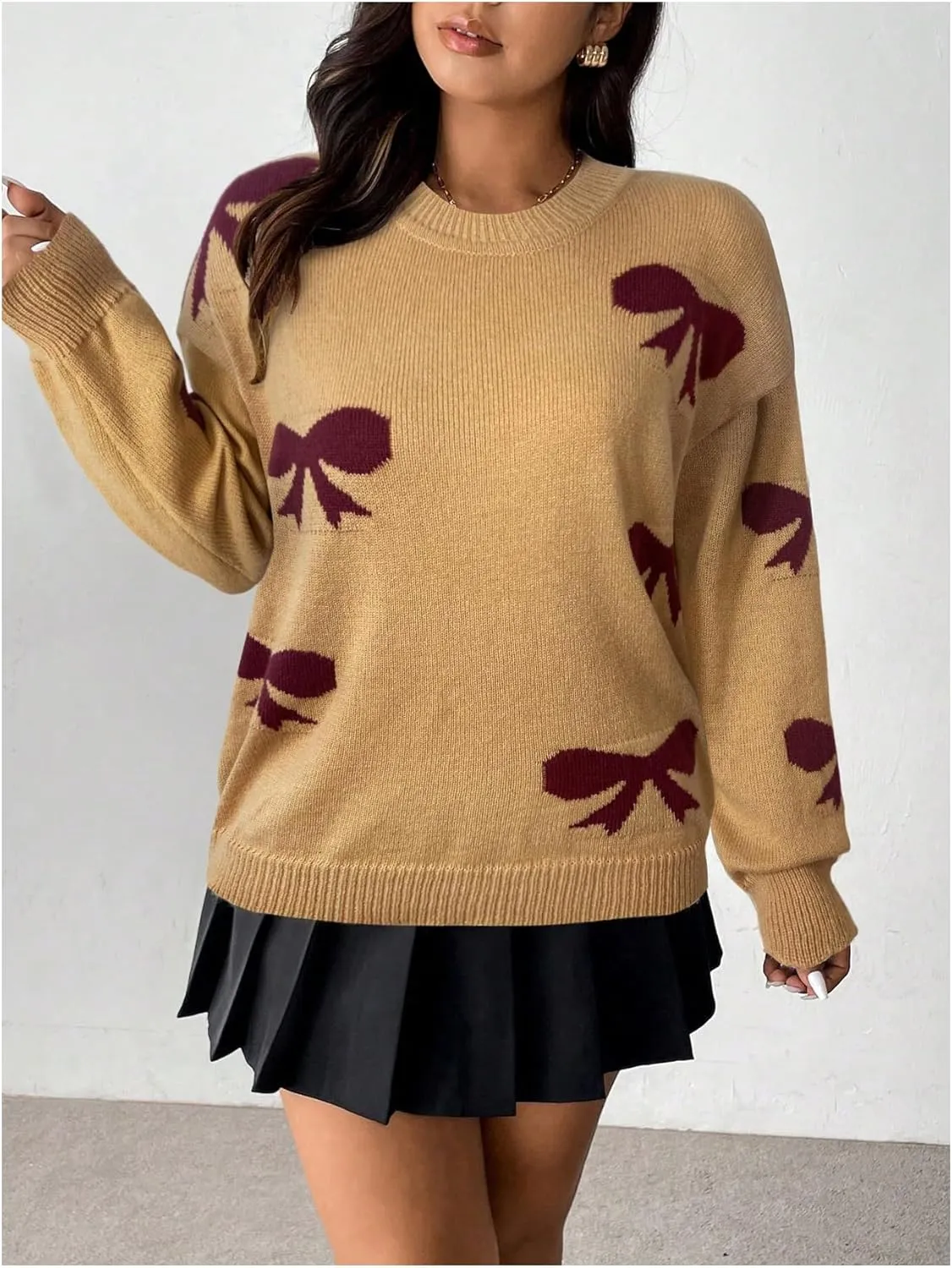 SOLY HUX Women's Plus Size Bow Sweater Y2K Ribbon Sweater with Bows for Women Trendy Knit Pullover Tops Cute Jumpers