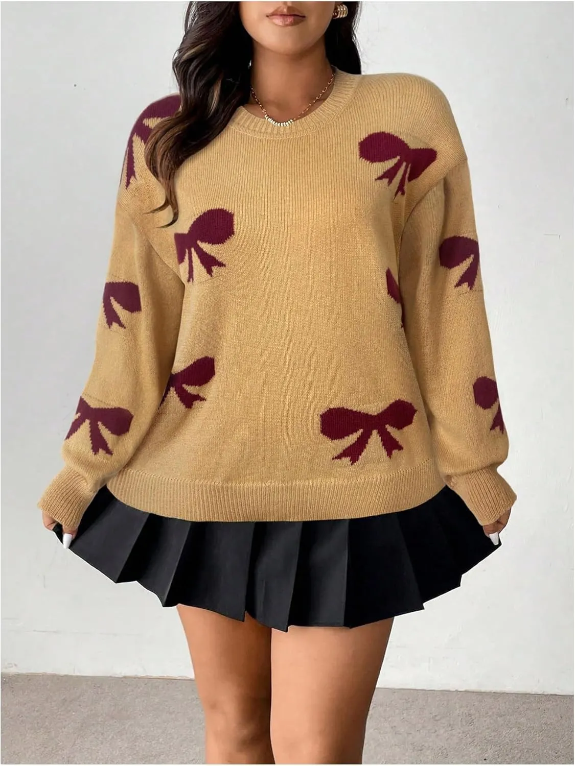 SOLY HUX Women's Plus Size Bow Sweater Y2K Ribbon Sweater with Bows for Women Trendy Knit Pullover Tops Cute Jumpers