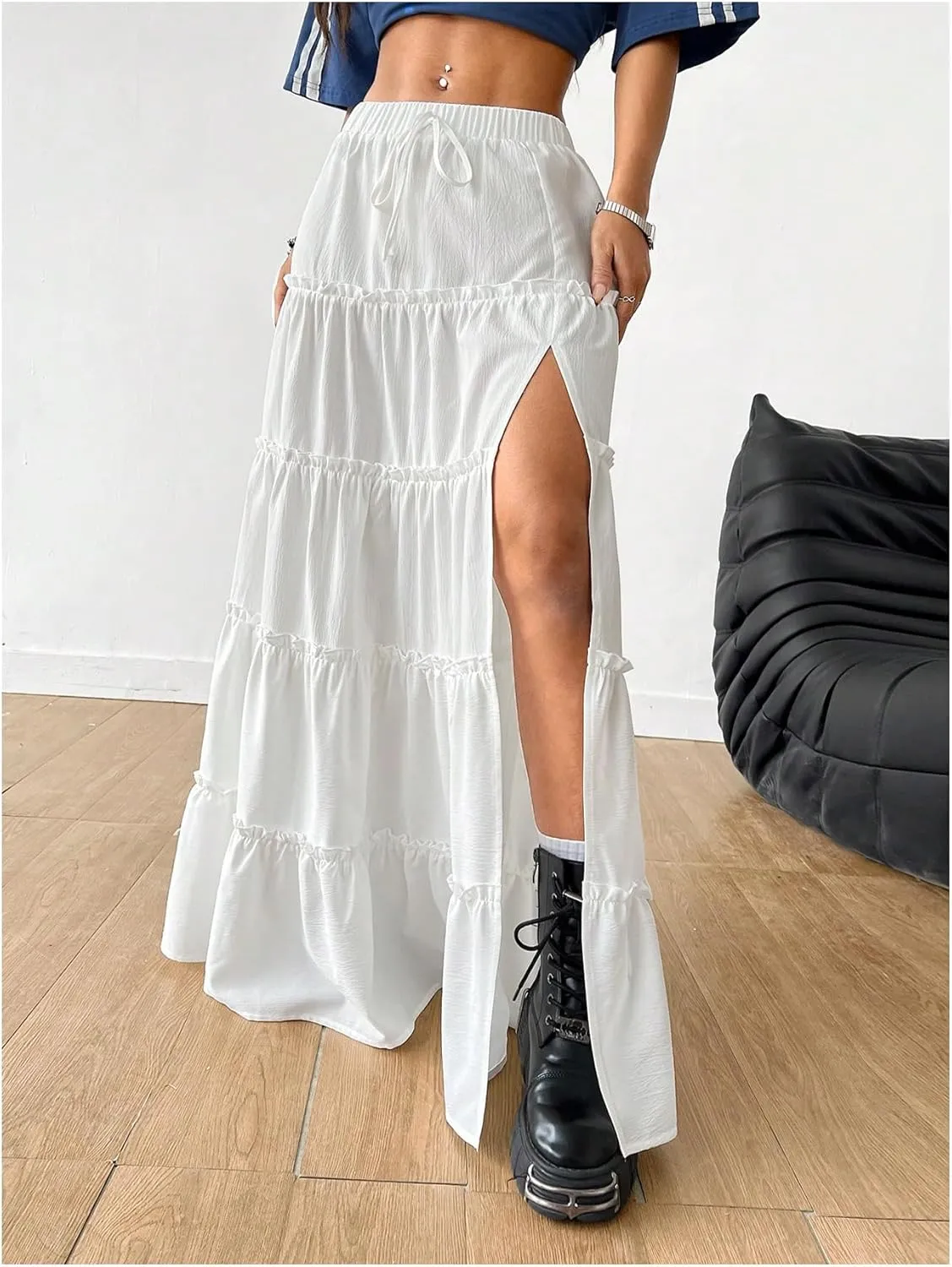 SOLY HUX Women's Summer Maxi Skirt High Waist Frill Split Ruffle Hem Skirts