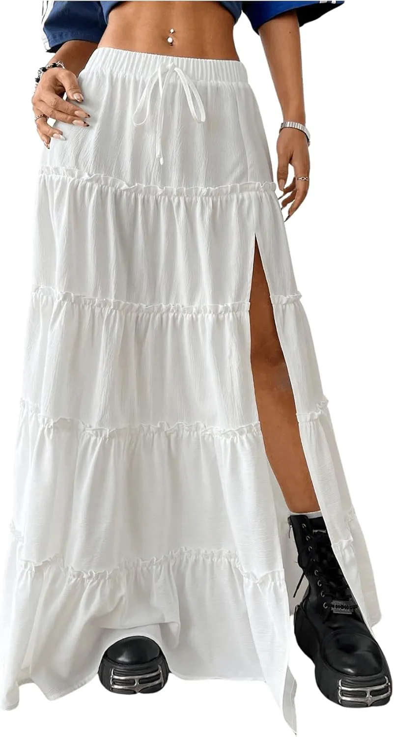 SOLY HUX Women's Summer Maxi Skirt High Waist Frill Split Ruffle Hem Skirts