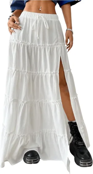 SOLY HUX Women's Summer Maxi Skirt High Waist Frill Split Ruffle Hem Skirts