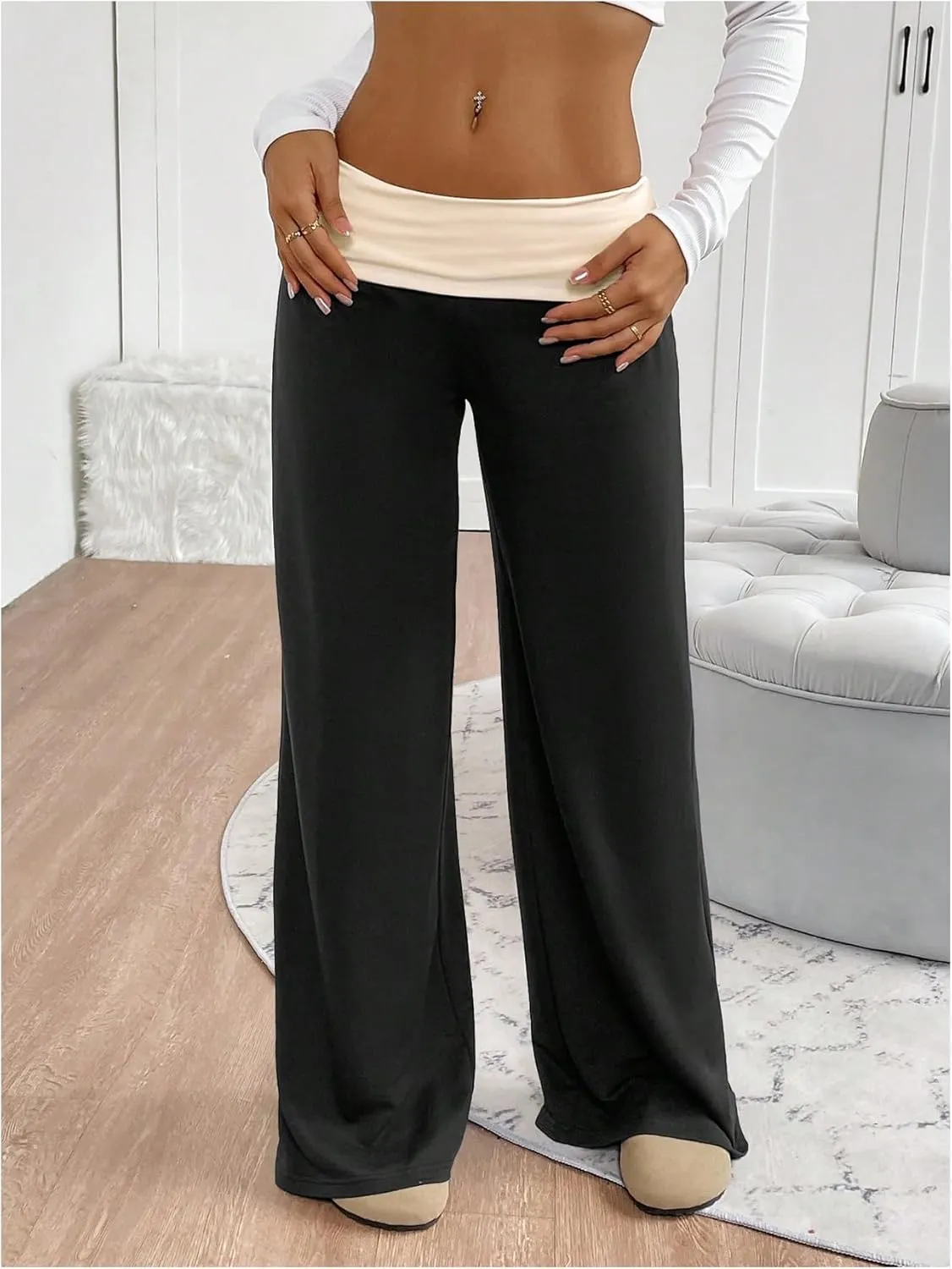 SOLY HUX Women's Sweatpants Color Block Low Rise Fold Over Waist Baggy Wide Leg Pants