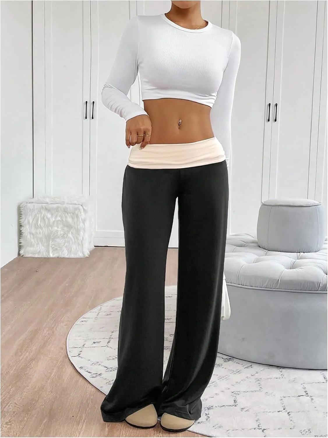 SOLY HUX Women's Sweatpants Color Block Low Rise Fold Over Waist Baggy Wide Leg Pants