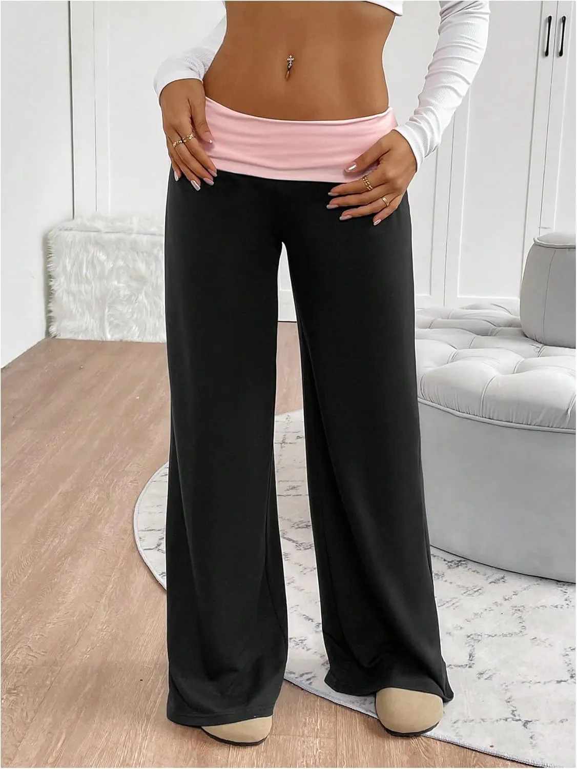 SOLY HUX Women's Sweatpants Color Block Low Rise Fold Over Waist Baggy Wide Leg Pants