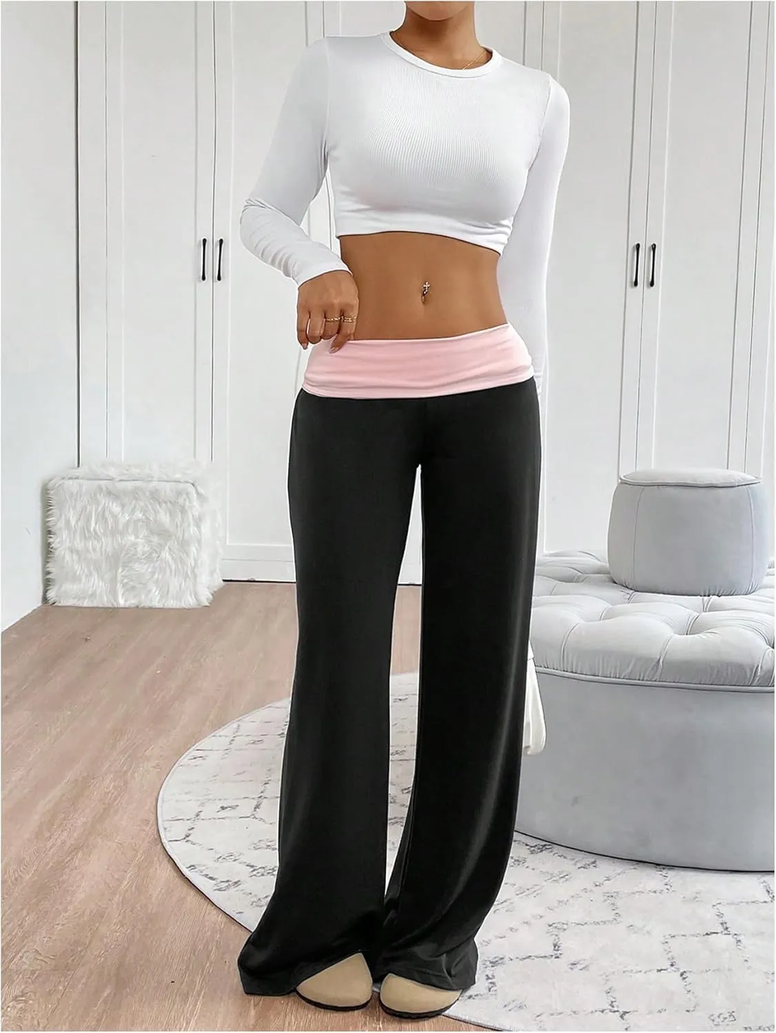 SOLY HUX Women's Sweatpants Color Block Low Rise Fold Over Waist Baggy Wide Leg Pants