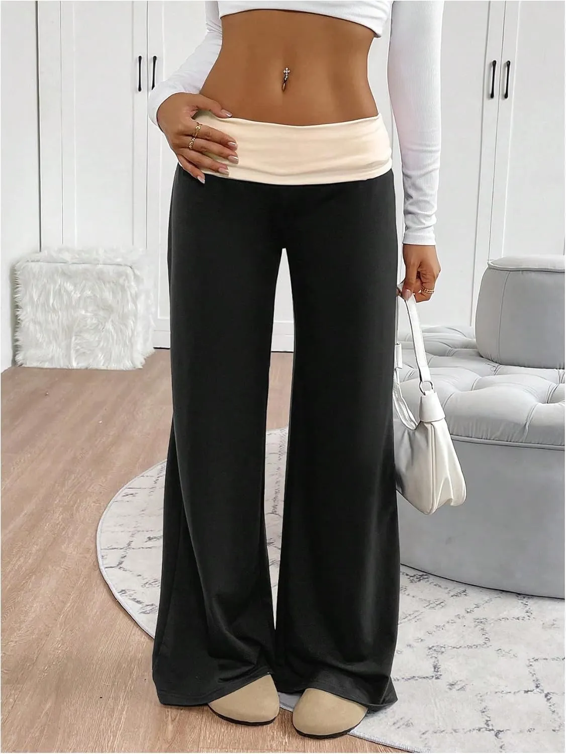 SOLY HUX Women's Sweatpants Color Block Low Rise Fold Over Waist Baggy Wide Leg Pants