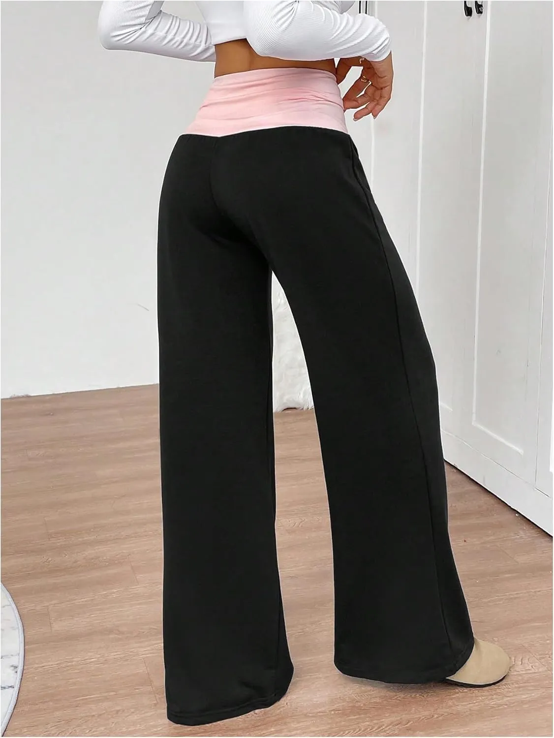 SOLY HUX Women's Sweatpants Color Block Low Rise Fold Over Waist Baggy Wide Leg Pants