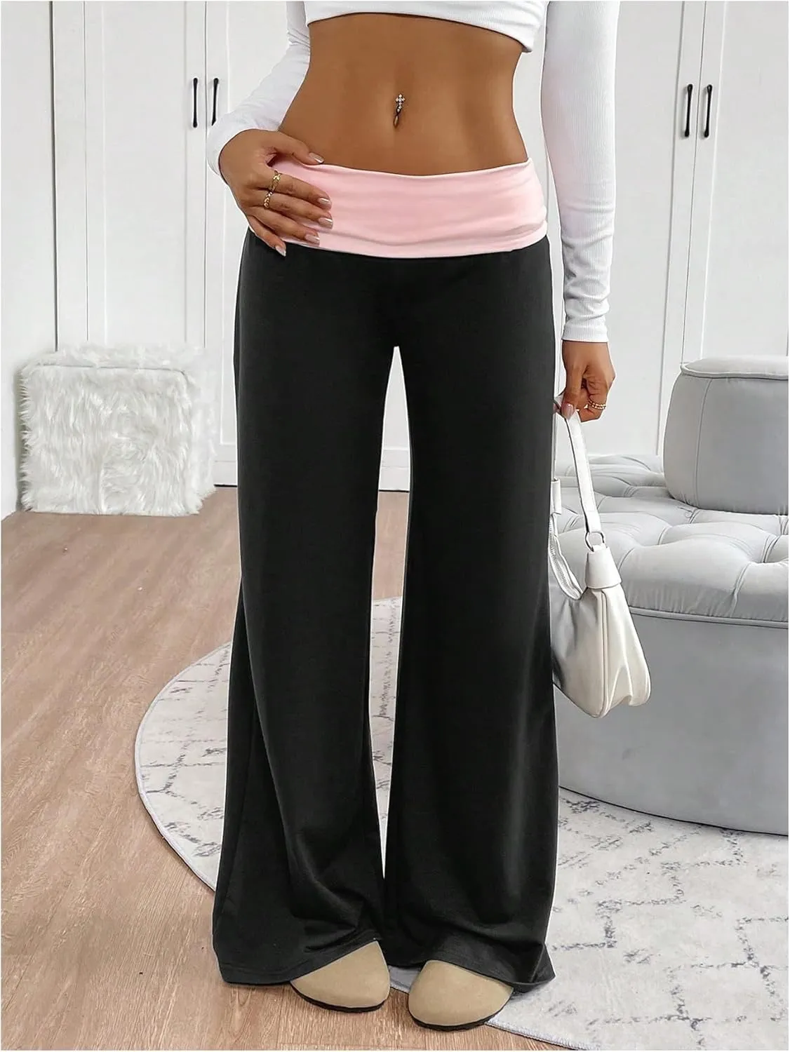 SOLY HUX Women's Sweatpants Color Block Low Rise Fold Over Waist Baggy Wide Leg Pants
