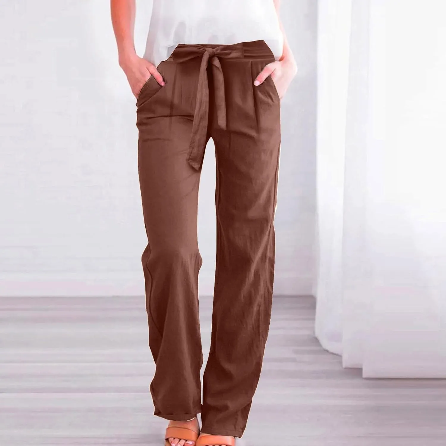 Straight Leg Linen Pants Women 2025 Summer Casual Elastic High Waisted Drawstring Pants Baggy Lounge Pants with Pockets