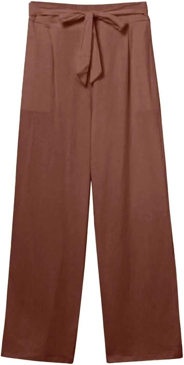 Straight Leg Linen Pants Women 2025 Summer Casual Elastic High Waisted Drawstring Pants Baggy Lounge Pants with Pockets