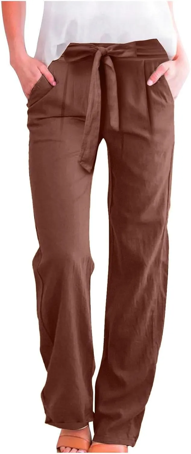 Straight Leg Linen Pants Women 2025 Summer Casual Elastic High Waisted Drawstring Pants Baggy Lounge Pants with Pockets