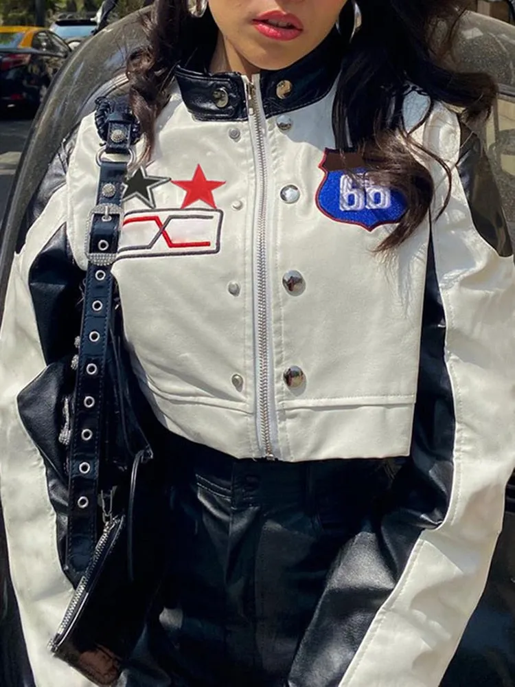 SUCHCUTE Korean Street Contrast Black White Print Leather Jackets Motorcycle O Neck PU Coats Zip Up Moto & Biker Women Tops 가죽자켓