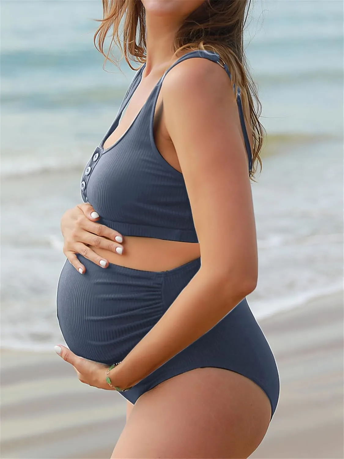 Summer Mae Maternity Ribbed High Waist Swimsuit Crop Top Bikini Bathing Suit High Cut Two Piece Pregnancy Swimwear