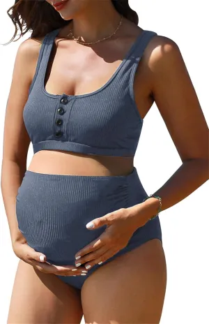 Summer Mae Maternity Ribbed High Waist Swimsuit Crop Top Bikini Bathing Suit High Cut Two Piece Pregnancy Swimwear