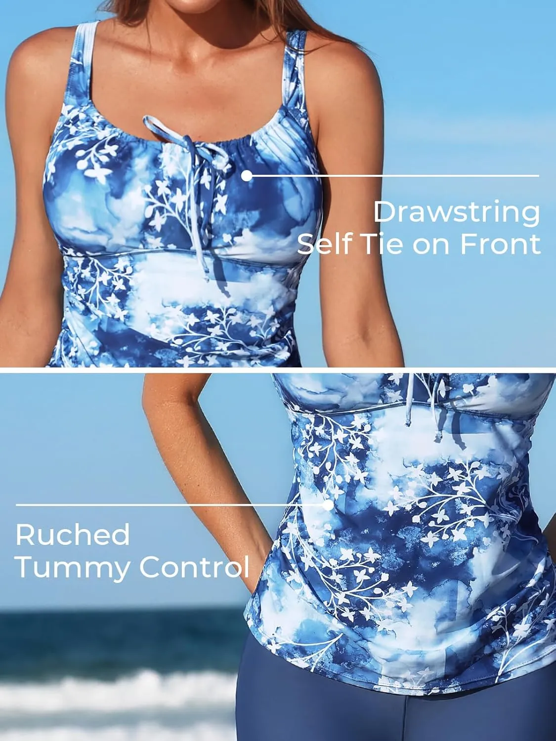 Summer Mae Two Piece Tankini Swimsuit for Women Tummy Control Bathing Suit Drawstring Swimwear with High Waisted Shorts