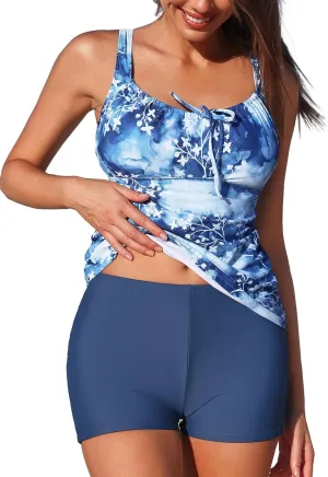 Summer Mae Two Piece Tankini Swimsuit for Women Tummy Control Bathing Suit Drawstring Swimwear with High Waisted Shorts