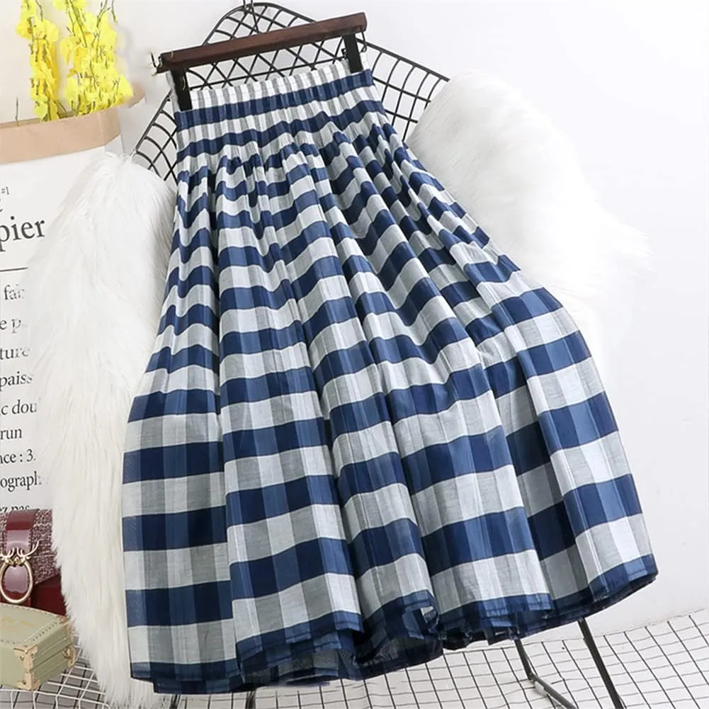 Summer Spring Long Skirt for Women Y2K Vintage Midi Plaid Skirt