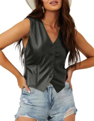 Sunborui Women's Faux Leather Vest Dressy Sleeveless V Neck Button Down Lined Suit Jacket Waistcoat Versatile Vests