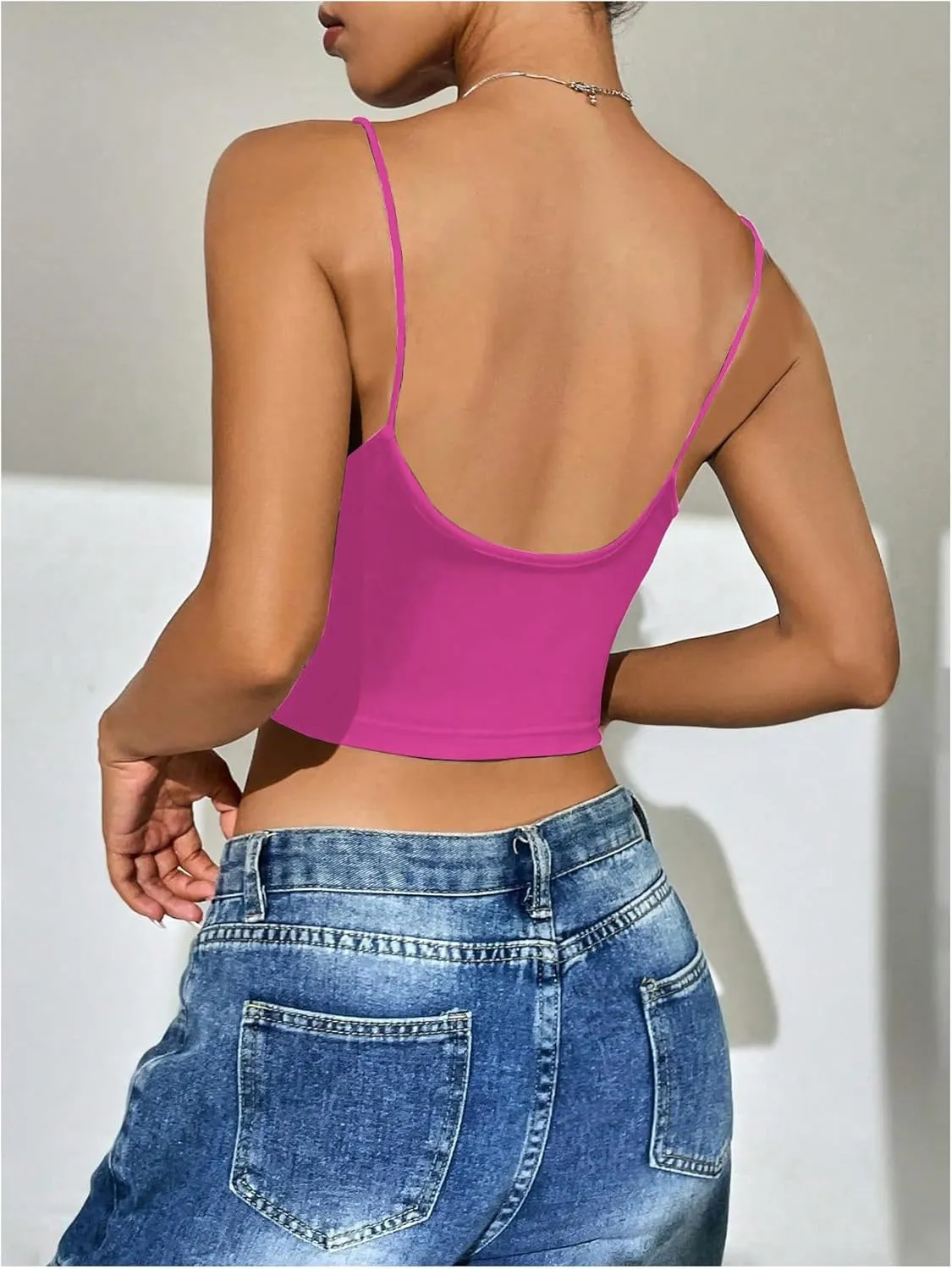SweatyRocks Women's Basic Spaghetti Strap Scoop Neck Backless Slim Fit Camisole Crop Top