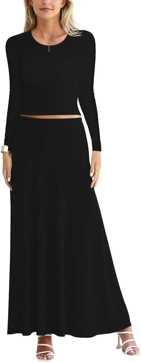 Sweet Hearts 2 Piece Sets for Women- Casual Modal Maxi Skirt Long Sleeve Crop Tops Womens 2 Piece Outfits Fall Made in USA