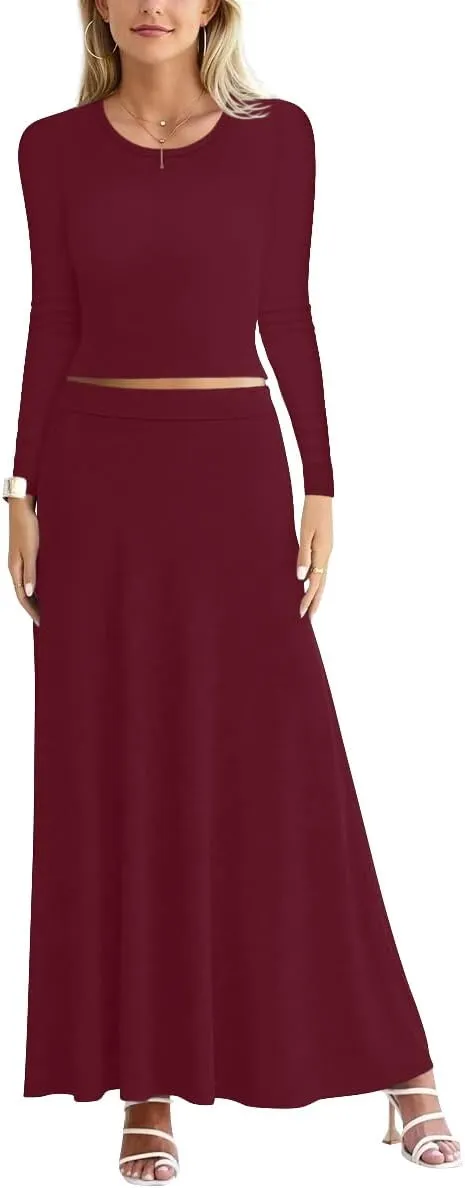 Sweet Hearts 2 Piece Sets for Women- Casual Modal Maxi Skirt Long Sleeve Crop Tops Womens 2 Piece Outfits Fall Made in USA